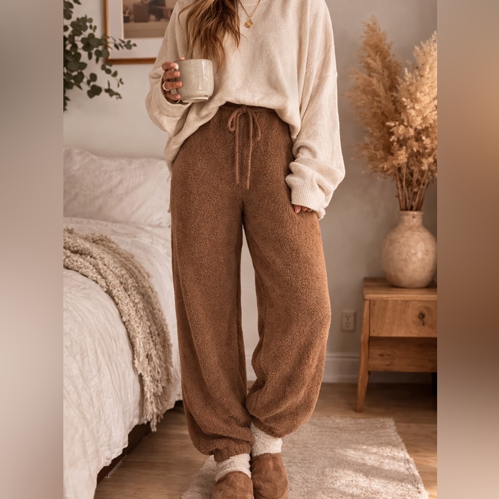 SKIMS Brown Cozy Teddy Fleece Jogger Lounge Pants Drawstring Womens S